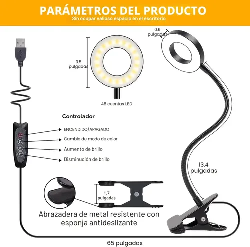 Miniatura 7 de Foneso Lámpara de escritorio con clip, luz de 48 LED, USB, con 3 modos de color, 10 niveles de brillo, protección ocular, cuello de ganso flexible