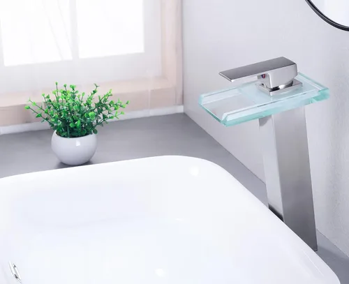 Miniatura 3 de Grifo LED para lavabo de baño de níquel cepillado, grifo de fregadero de recipiente alto, cascada de una sola manija, 1 agujero y 2 líneas de Mate