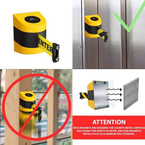 Miniatura 5 de Barrera retráctil de montaje magnético en pared de la serie CCW de Crowd Control Warehouse - WMB-220 - 15 pies, cinturón diagonal negro y naranja