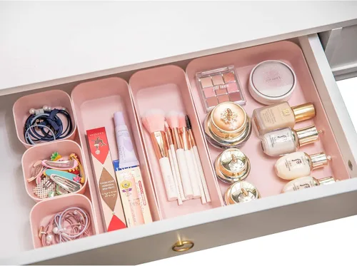 Miniatura 3 de Backerysupply Juego de 12 organizadores de cajones de escritorio de plástico de color rosa para maquillaje, baño, oficina, cocina, cajón, caja
