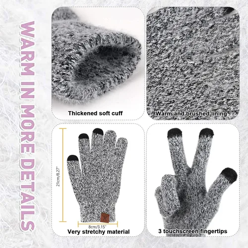 Miniatura 4 de Conjunto de guantes de punto cálido de invierno para mujer con forro polar y forro de calavera para mujer