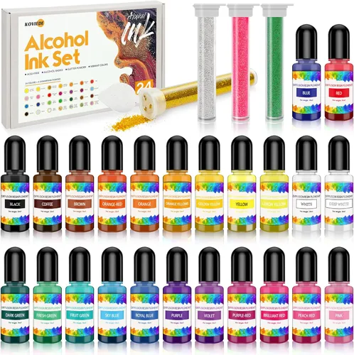 Juego de 28 tintas de alcohol, 24 colores vibrantes concentrados de alcohol para arte de resina, resina epoxi, fabricación de vasos, fabricación de