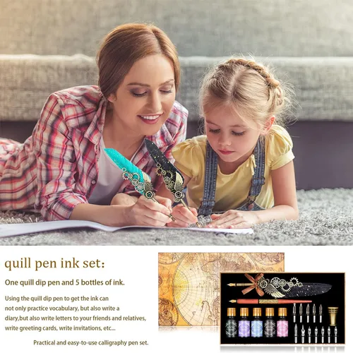Miniatura 5 de Pluma de Caña, Juego de Pluma de Caña con Tinta Incluyendo Pluma Mecánica y Pluma de Inmersión de Madera, 5 Colores de Tinta, 12 Plumillas de Negro