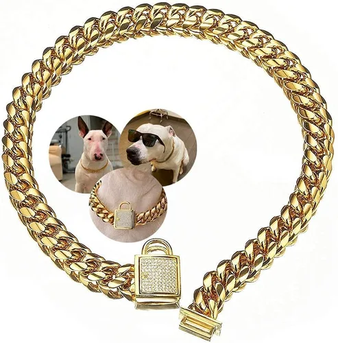 Miniatura 10 de Collar de cadena dorado para perro de 10mm de ancho, collar de eslabones cubanos para cachorros, acero inoxidable 316L con cierre de diamante CZ