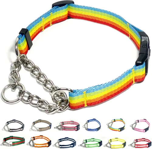 Miniatura 7 de Collar Martingale para perros, collares de nailon ajustables con hebilla de liberación rápida, rayas multicolores, cadena de acero inoxidable