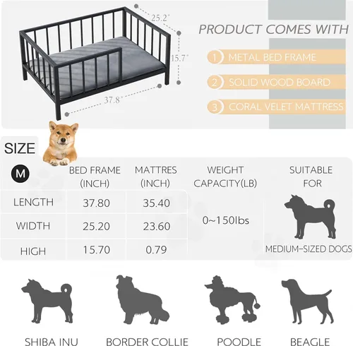 Miniatura 2 de OSCHF Cama para perros con rieles, marco de cama elevado de metal para mascotas con tablero de madera maciza y tapete suave lavable para perros Negro