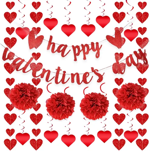 Juego de 22 decoraciones para el día de San Valentín premontadas, espirales de corazón colgantes con texto en inglés «Happy Valentine», guirnaldas