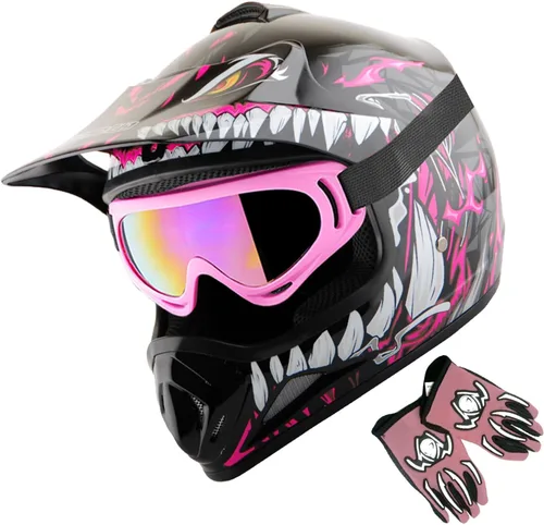Miniatura 12 de WOW Casco de motocross BMX MX ATV para niños y jóvenes, casco Dianosour Dragon + gafas + guante marciano juvenil: paquete HJOY MG