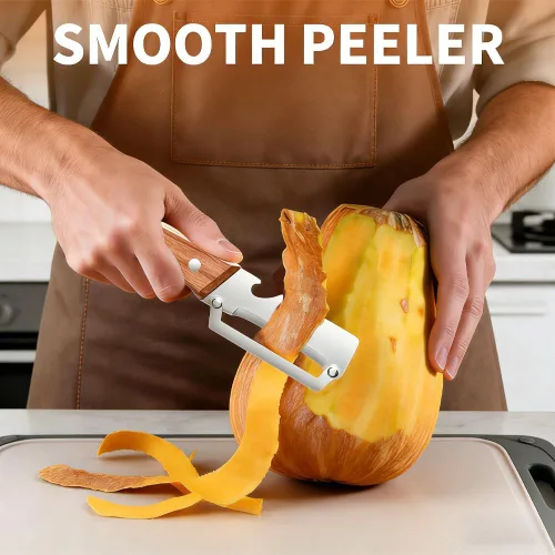 Miniatura 6 de Pelador de verduras premium con mango de madera y abridor de botellas: herramienta de cocina de acero inoxidable 2 en 1 para frutas, manzana