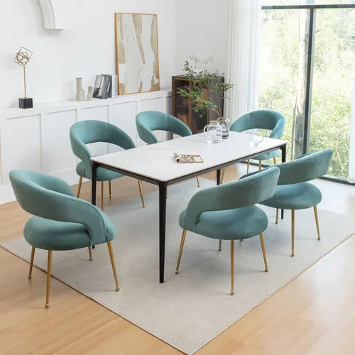 Miniatura 7 de Juego de 2 sillas de comedor modernas, tapizadas de terciopelo con patas doradas y respaldo hueco, reposabrazos copetudos para sala de estar, Verde