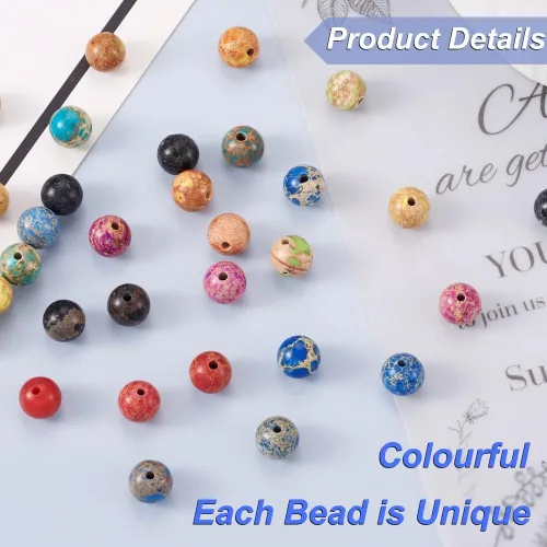 Miniatura 4 de Pandahall - 90 cuentas de jaspe imperial natural de 0.315 pulgadas (0.315 in), cuentas de piedras semipreciosas, 9 colores centrales perforadas