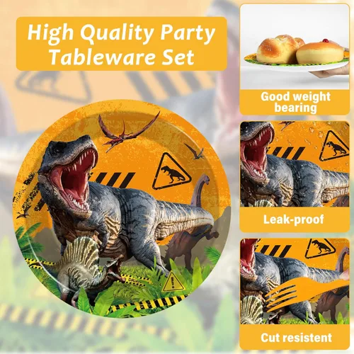 Miniatura 3 de 96 piezas de dinosaurios suministros para fiestas, platos de papel, servilletas, dinosaurios, fiesta temática, cumpleaños, cena, postre, decoración