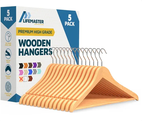 Miniatura 26 de Lifemaster Juego de perchas de madera - 50 piezas, antideslizantes, versátiles, ahorradoras de espacio para traje, abrigo, camisola, chaqueta