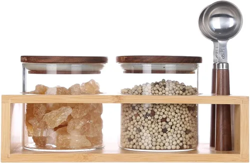Miniatura 11 de KKC HOME ACCENTS Frascos herméticos de vidrio de borosilicato para almacenamiento de alimentos con tapas de madera y cuchara para café, té, azúcar