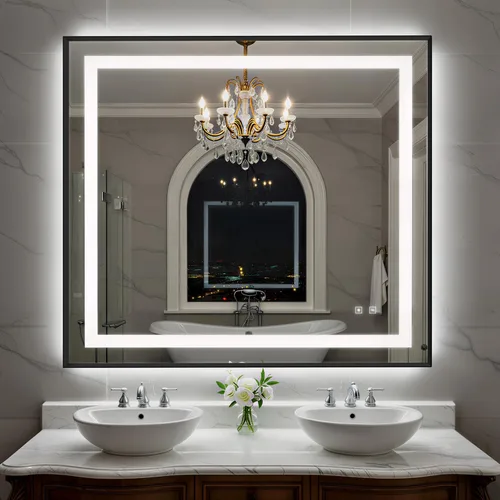 Miniatura 33 de Espejo de baño LED de 24 x 32 pulgadas con luces, espejo de tocador de baño con marco negro con luz frontal + retroiluminación para pared, vidrio