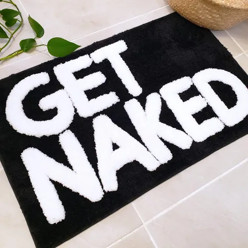 Miniatura 5 de New Mungo Alfombra de baño con texto en inglés «Get Naked», color negro, con letras blancas para decoración de apartamentos, divertida alfombra