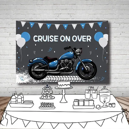 Miniatura 4 de MEHOFOND Telón de fondo de cumpleaños de motocicleta para niños, decoración de globos azules y blancos de carreras geniales para deportes extremos