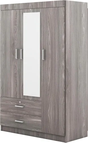 Miniatura 9 de Armario de madera de 68.2 pulgadas de alto con espejo, moderno armario independiente de madera con 3 puertas y cajones de bloqueo, armario