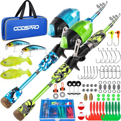 ODDSPRO Caña de pescar para niños, color rosa, kit combinado de caña de pescar telescópica portátil y carrete - con caja de aparejos de pesca