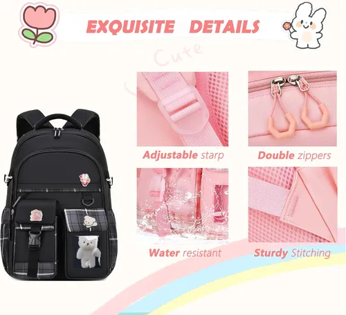 Miniatura 4 de PRLINJSK Mochila para niñas, mochila escolar linda para niñas, niños y adolescentes, mochila Kawaii para primaria, Negro, Mediana, Mochilas