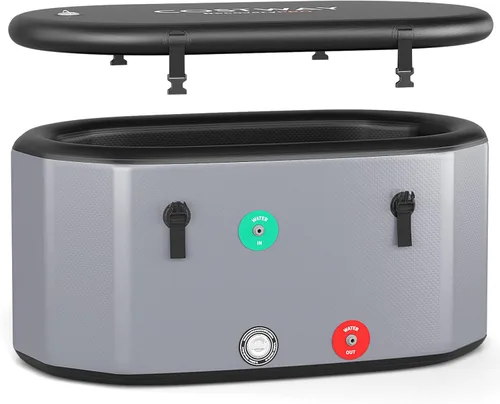 COSTWAY XL - Bañera de hielo ovalada de 129 galones con tapa, bañera inflable portátil para exteriores con mochila, bomba, para frío y terapia, Gris