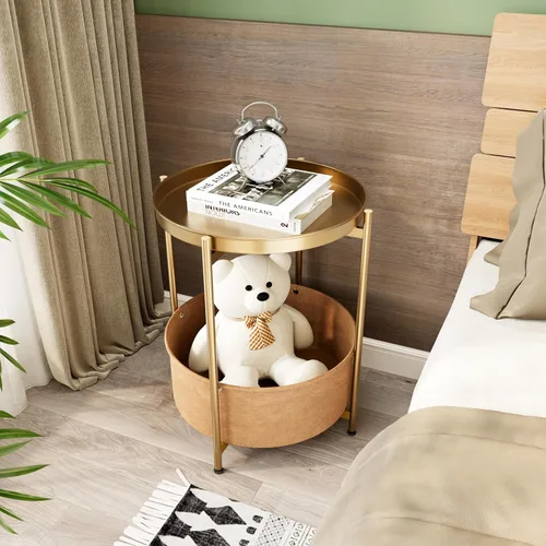 Miniatura 2 de Mesa auxiliar dorada, mesa auxiliar dorada champán, mesa auxiliar pequeña dorada, mesita de noche redonda para niños con canasta, mesa decorativa