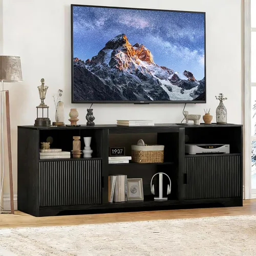 Soporte de TV acanalado para televisores de hasta 80 pulgadas, moderno soporte de TV de mediados de siglo con estante ajustable abierto, centro de