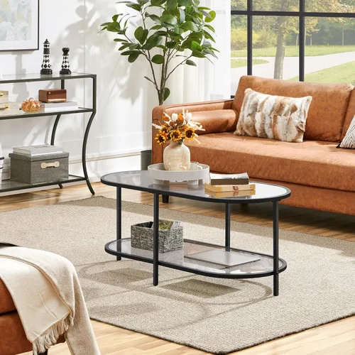 Miniatura 4 de Yaheetech Mesa de centro de cristal, pequeña mesa central negra con estante de almacenamiento para sala de estar, espacio pequeño, apartamento