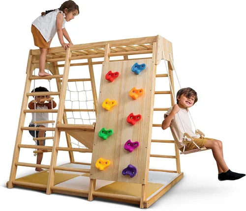 Avenlur Zona de juegos para interiores, gimnasio de la selva para niños, juego de madera para escaladores 6 en 1, tobogán de escalada en roca,