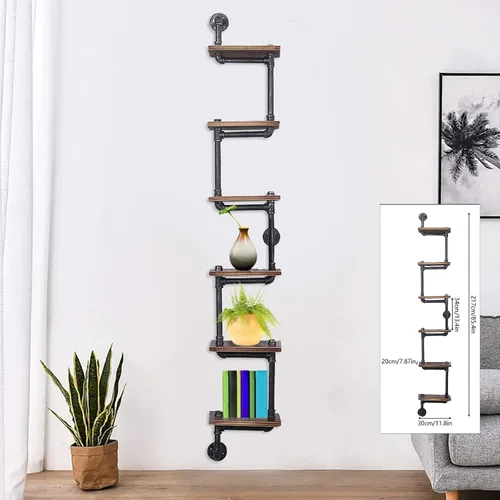 Miniatura 2 de YIYIBYUS Estante flotante de madera y tubo de hierro rústico industrial de 6 niveles, estante de escalera multiusos para artículos decorativos, sala