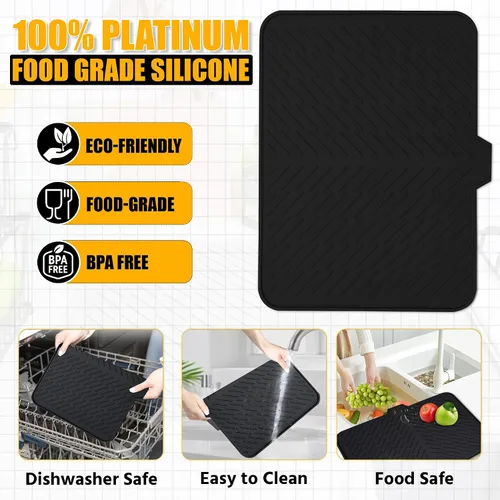 Miniatura 8 de Luxet Alfombrilla de silicona para secar platos con borde de drenaje integrado, almohadilla de secado higiénica, bandeja resistente compacta y fácil