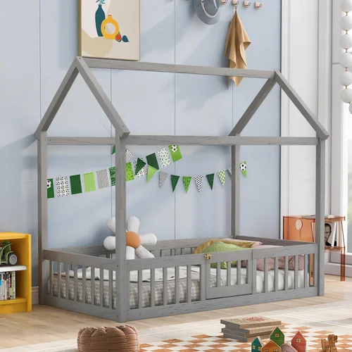 Miniatura 22 de Cama de madera de tamaño individual con dos cajones y techo, cama de plataforma con 2 cabeceros, para dormitorio de niños, adolescentes, niñas
