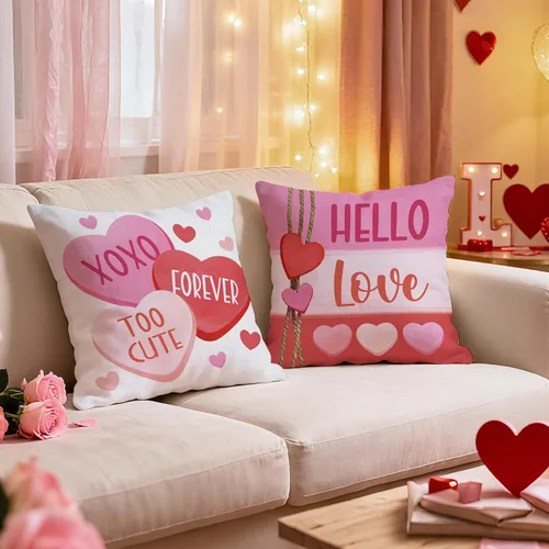 Miniatura 5 de Juego de 4 fundas de almohada decorativas para el día de San Valentín de 18 x 18 pulgadas, color rosa y rojo con texto en inglés "Hello Love Be My