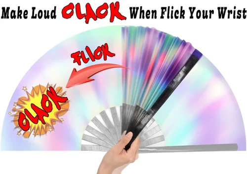 Miniatura 7 de OMyTea Ventilador de mano plegable grande Rave Clack para hombres y mujeres, ventilador de mano de bambú chino japonés - para EDM, festival de Aurora