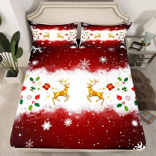 Miniatura 4 de Juego de sábanas de Navidad para niños, 3 piezas, tamaño individual, juego de ropa de cama con estampado de alce dorado y árboles de regalo