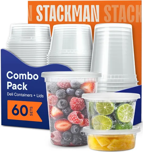 Miniatura 8 de Stack Man Recipientes de 8 onzas con tapas (48 juegos) – Contenedores de plástico transparente para almacenamiento de alimentos, sellado hermético