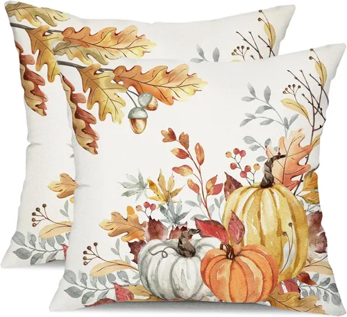 Miniatura 11 de DFXSZ Fundas de almohada de otoño de 16 x 16 pulgadas, juego de 2 fundas decorativas de otoño de hojas caídas de calabaza en acuarela azul y verde