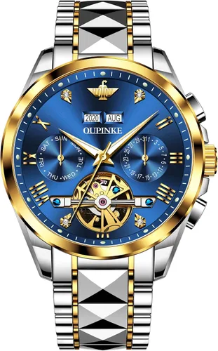Miniatura 9 de OLEVS Relojes automáticos de esqueleto mecánico para hombres, 5ATM, impermeables, de tungsteno, acero inoxidable, cuerda automática, para hombre