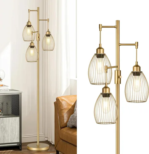 Lámpara de pie regulable, lámparas de pie industriales para sala de estar, lámpara de árbol dorada, lámparas altas con 3 elegantes cabezales de