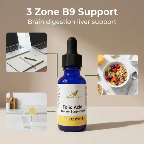 Miniatura 4 de Suplementos líquidos de vitamina B9 ácido fólico – VIT B gotas para el cerebro y la función digestiva, apoyo hepático – sin gluten, sin OMG, vegano