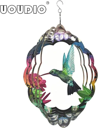 Miniatura 2 de Molinillo de viento de acero inoxidable - 3D para interiores y exteriores, decoración de jardín, adornos para manualidades (colibrí)