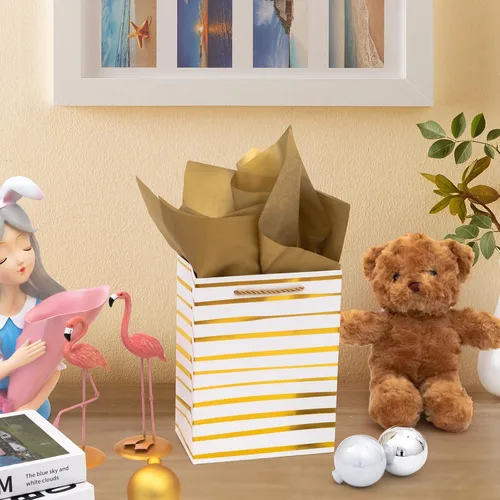 Miniatura 7 de Nihuecne Bolsas de regalo de 9" de tamaño mediano con papel de seda, paquete de 4 bolsas de regalo de papel de envoltura blanco dorado con asas