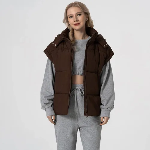 Miniatura 52 de Shiyifa Chaleco acolchado para mujer, chaqueta de gran tamaño, sin mangas, ligera, con cremallera, con capucha desmontable