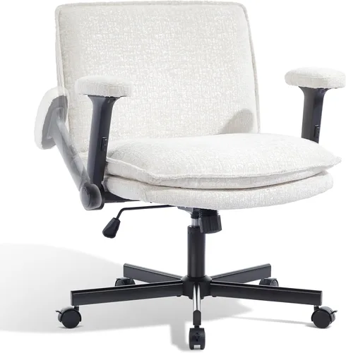 Miniatura 10 de Silla Cruzada con Brazos Abatibles y Ruedas con Bloqueo, Silla de Escritorio de Oficina de Tela de Felpa con Patas Cruzadas, Silla Giratoria de Negro