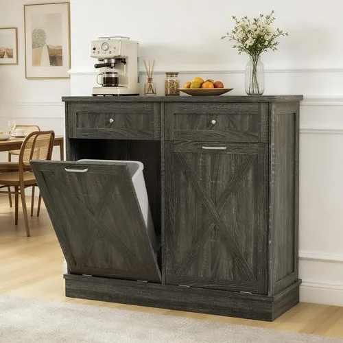 Miniatura 11 de Betterhood - Gabinete de basura basculante de 10 galones, de madera, independiente, clasificador de ropa, con cajón oculto, gabinete de basura Negro