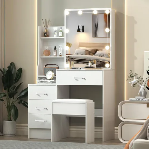 Miniatura 19 de Escritorio blanco cálido con espejo iluminado LED, mesa de tocador de maquillaje con armario izquierdo iluminado, 6 cajones y taburete, tocador