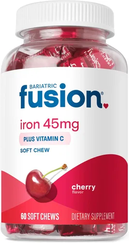 Bariatric Fusion Suplemento de hierro bariátrico con sabor a fruta de cereza, masticable suave con vitamina C para pacientes bariátricos, incluyendo