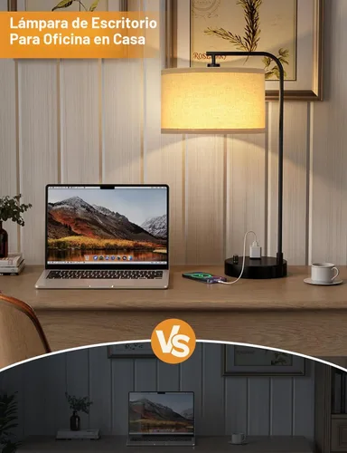 Miniatura 4 de Innqoo Lámpara de mesa alta con puerto USB y tomacorriente, lámparas de mesita de noche regulables con pantalla de lino, lámpara de escritorio