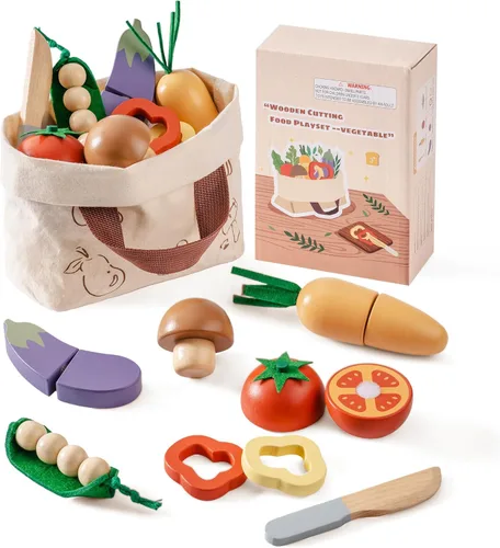ROBOTIME Juego de Comida de Juguete de Madera para Cortar Verduras, Juguete de Comida de Simulación para Cocina de Juguete con Bolsa de Compras –