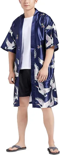 Miniatura 5 de HAORUN Abrigo kimono japonés para hombre, holgado, Yukata, albornoz largo, tops vintage, Azul marino satinado.
